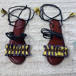 Purple &‎ Gold Tassel Leather Sandals with Lace-Up Design